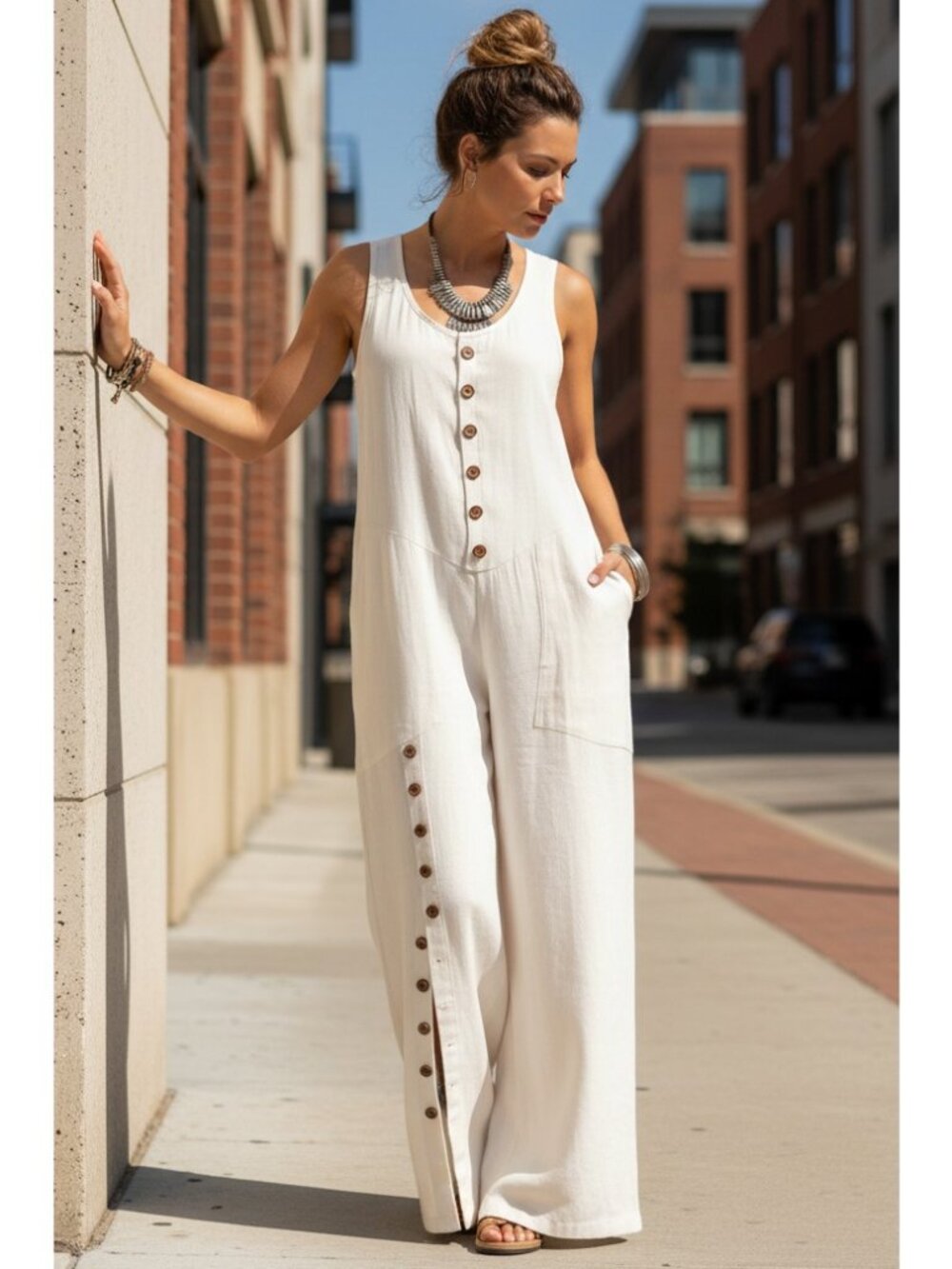 Baggy Button Up Patch Pocket Scoop Neck One-Piece Split Wide Leg Pant Jumpsuit